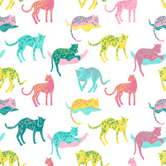 Vector seamless pattern with jaguars. Going, staying, sleeping, 
