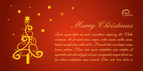 Merry christmas flat vector card with gold tree on red background