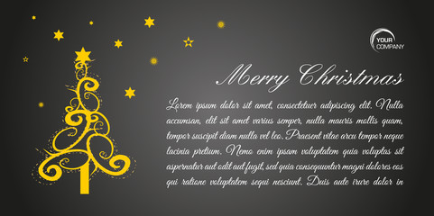 Merry christmas flat vector card with gold tree on black background