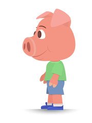 young pink pig in shorts and shirt stands isolated on white background. symbol of the year. flat style