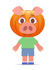 young funny vector pig standing isolated on white background. the pumpkin is dressed on the head.
