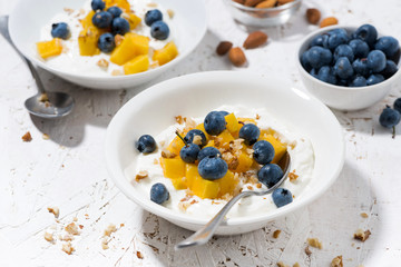 Greek yogurt with mango and blueberries