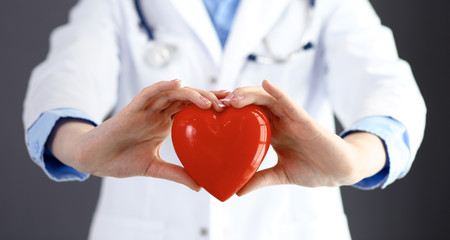 Female doctor with stethoscope holding heart in her arms. Healthcare and cardiology concept  in medicine 