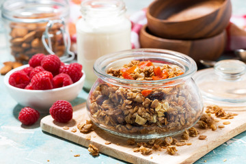 homemade granola with dried apricots and nuts for breakfast, closeup