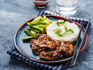 Hoisin Chicken. Traditional Asian cuisine. Chicken with sauce, rice and pickled cucumbers.