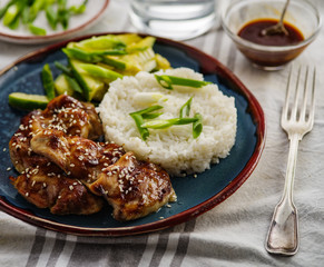 Hoisin Chicken. Traditional Asian cuisine. Chicken with sauce, rice and pickled cucumbers.