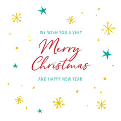 Obraz premium Christmas greeting card calligraphy text with snowflake and stars on white background. Merry Christmas card. Vector Illustration.
