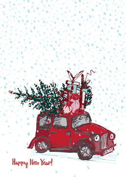 Festive New Year 2019 card. Red car with fir tree decorated red balls on white snow background