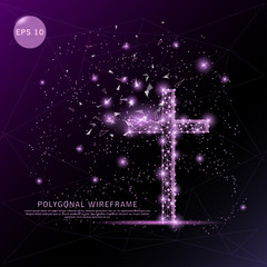 Religion cross digitally drawn futuristic low poly wire frame.