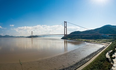Panorama of The Xihoumen Bridge Connecting Zhoushan City And Ningbo City in China in A Sunny Day
