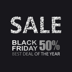 Black Friday. SALE. Silver inscription. Composition on a black background. Design for the website, screen saver, presentation or for print an advertising banner, poster.