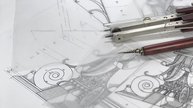 Blueprints - architectural drawings - detail column, compass & dip ink pen / seamless looping