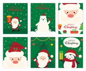 Set of Merry Christmas greeting card. Santa Claus, Polar bear, penguin.
