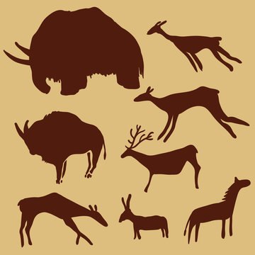 Vector Set Of Cave Painting Animals. Mammoth, Deers, Horse And Ox