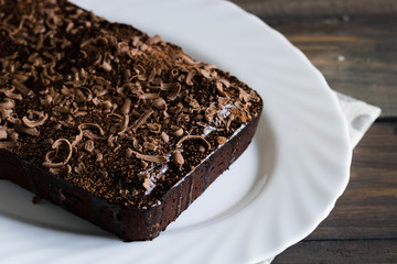 Chocolate pound cake with chocolate icing and chocolate chips