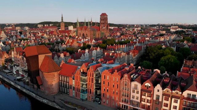 Gdansk, Poland. Beautiful old buildings at the bank of Motlawa River. 4K, UHD