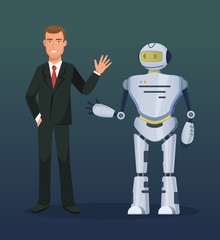Man at conference, presentation of electronic mechanical robot, bot, humanoid.
