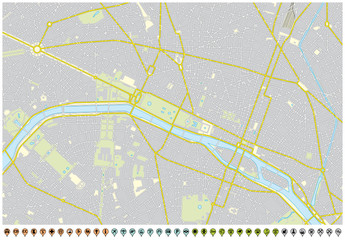 paris city map with pin pointers and infrastructure icons