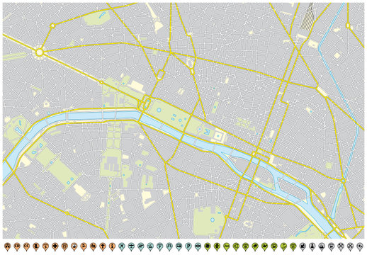 paris city map with pin pointers and infrastructure icons