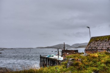 Norwegen, Regen, Sturm, Hafen, Fischereihafen, Fischernetz, Fischerhütte, Hütte, Boot,...