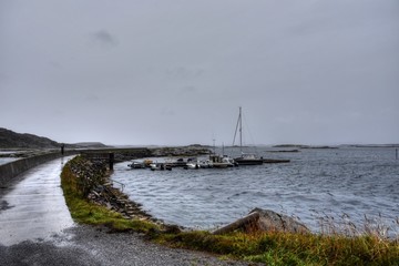 Norwegen, Regen, Sturm, Hafen, Fischereihafen, Fischernetz, Fischerhütte, Hütte, Boot,...