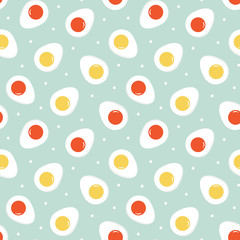 Cute cartoon style seamless pattern background with boiled chicken eggs, cut in half and dots.
