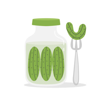 Vector Cartoon Illustration Of Pickles Jar With Pickle, Cucumber On Fork.