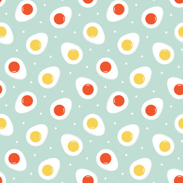 Cute cartoon style seamless pattern background with boiled chicken eggs, cut in half and dots.
