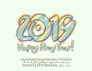 Vector Watercolor Greeting Card Happy New Year 2019. Calligraphy set of Alphabet Letters, Numbers and Symbols.