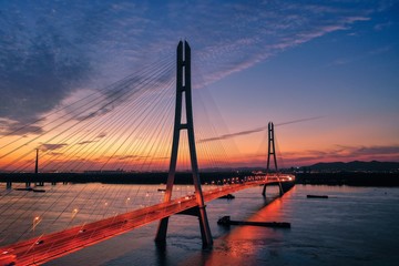 Sunset at The Third Nanjing Yangtze River Bridge Seen From A Drone