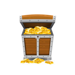 Wooden old pirate chests, full of treasures, gold bars, treasures, vector, cartoon style, illustration, isolated. For games, advertising applications