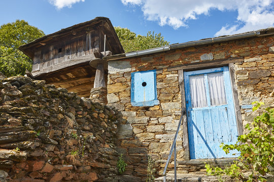 Traditional stone construction village with horreo storage in Asturias. Spain