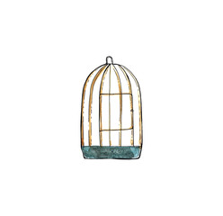 Watercolor hand drawn sketch of birdcage isolated on white