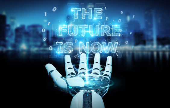 White cyborg hand using future decision text interface 3D rendering