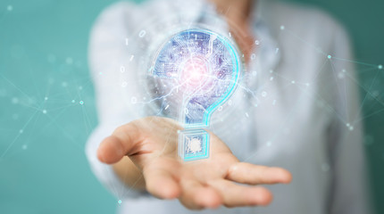 Businesswoman solving problem with digital question marks 3D rendering