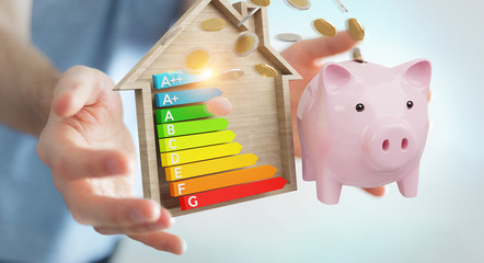 Businessman saving money with good energy chart rating 3D rendering
