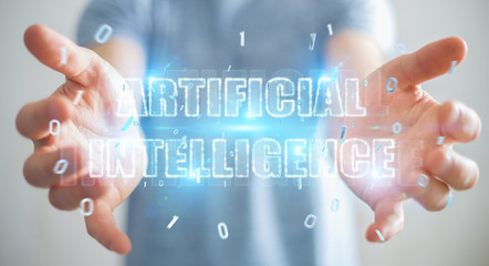 Businessman using digital artificial intelligence text hologram 3D rendering