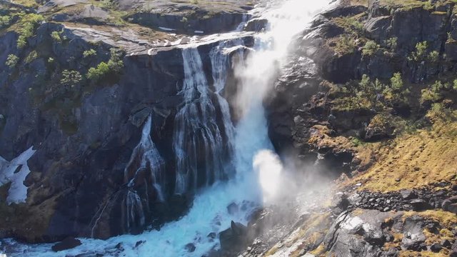 Aerial view of Nykkjesoyfossen Waterfall in Norway. 4K, UHD