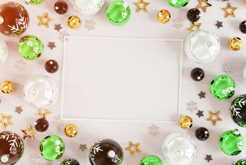 Christmas card mockup with green baubles 3D rendering
