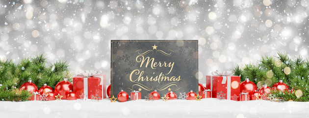 Christmas card laying on red baubles and gift d 3D rendering