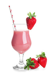Glass of tasty drink with strawberries on white background