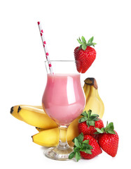 Glass of tasty drink with ingredients on white background