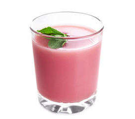Glass of tasty strawberry drink on white background