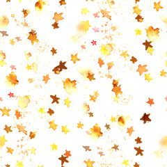 Fototapeta na wymiar A seamless pattern with golden yellow abstract watercolour stars on a white background, a hand drawn starry repeat print
