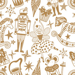 Christmas vector seamless Nutcracker pattern.  Gold seamless pattern can be used for wallpaper, pattern fills, web page background, surface textures.