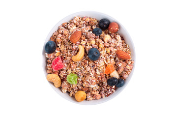 Bowl of granola breakfast isolated on white background