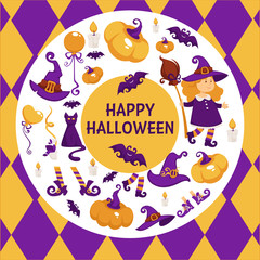 Halloween background poster. Vector circle shape frame with pumpkin