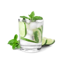 Glass of fresh mojito on white background