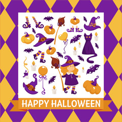 Halloween background poster. Vector frame with pumpkin