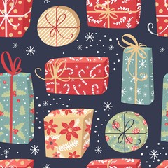 Materiał do szycia Christmas Gift Box Holiday Seamless Pattern. Vector Illustration.